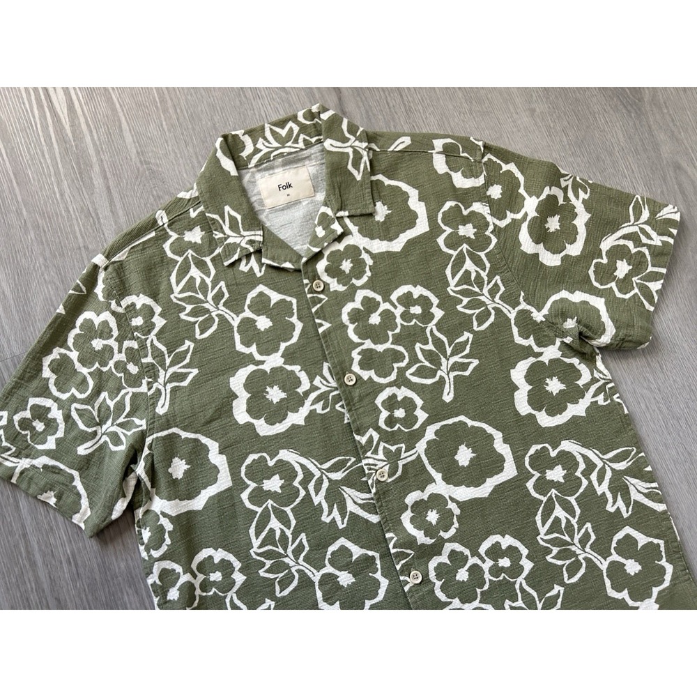 Folk Clothing Short Sleeve Button Up Shirt Green Floral Print Mens Medium $155